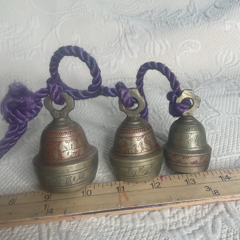 Vintage Brass 3 Bells On A 23" ‎ Purple Rope Glass Bell Etched / Ornated